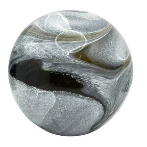 Hand-Blown Gray & Black Swirl Glass Paperweight Decorative Sphere